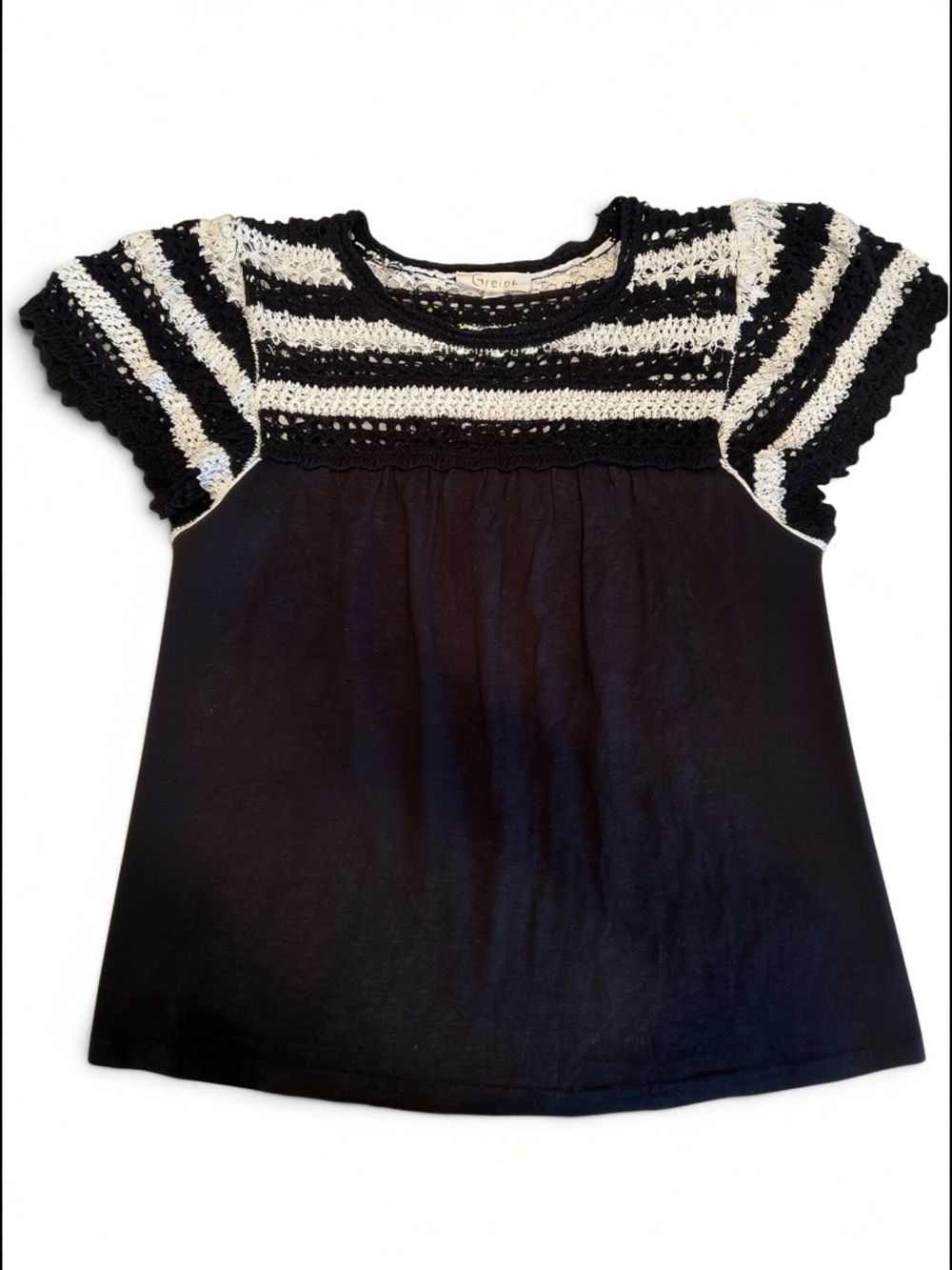 Greige Black Short Sleeve Top with White/Black Crochet Yoke & Sleeves. Size L